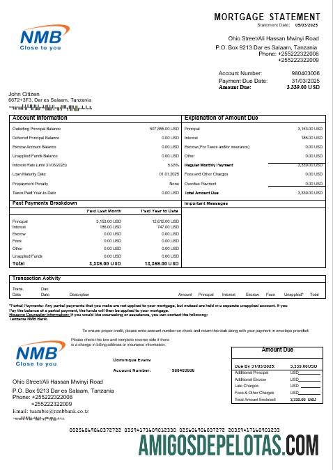 Extrato de hipoteca bancária NMB da Tanzânia em formatos Word e PDF amostra
